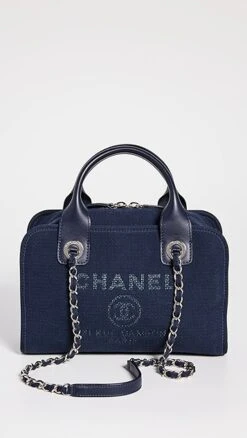 What Goes Around Comes Around Chanel Navy Canvas Deauville Bowling Bag